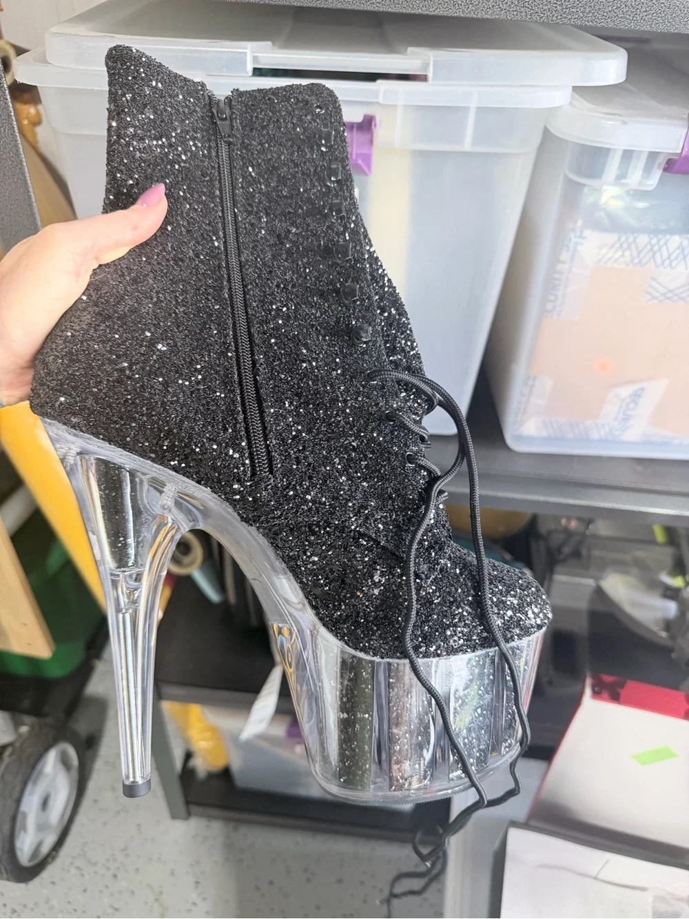 Pleaser Black Glitter Lace-Up Clear Platform Ankle Boots